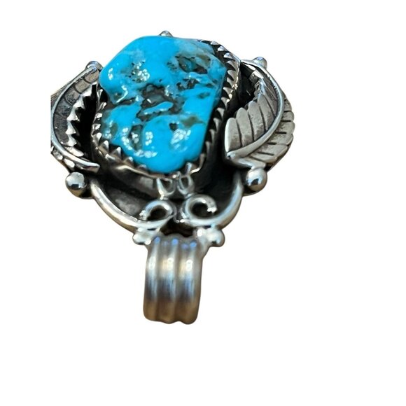 Sterling Silver Large Chunk Turquoise Pendant Navajo Native American Leaf Design - Picture 4 of 6
